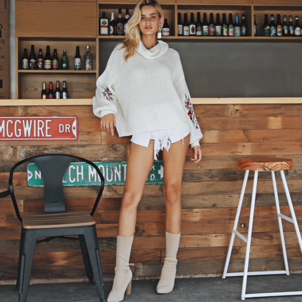 Cowl Neck White Embroidered Oversized Sweater - Picture 4 of 8